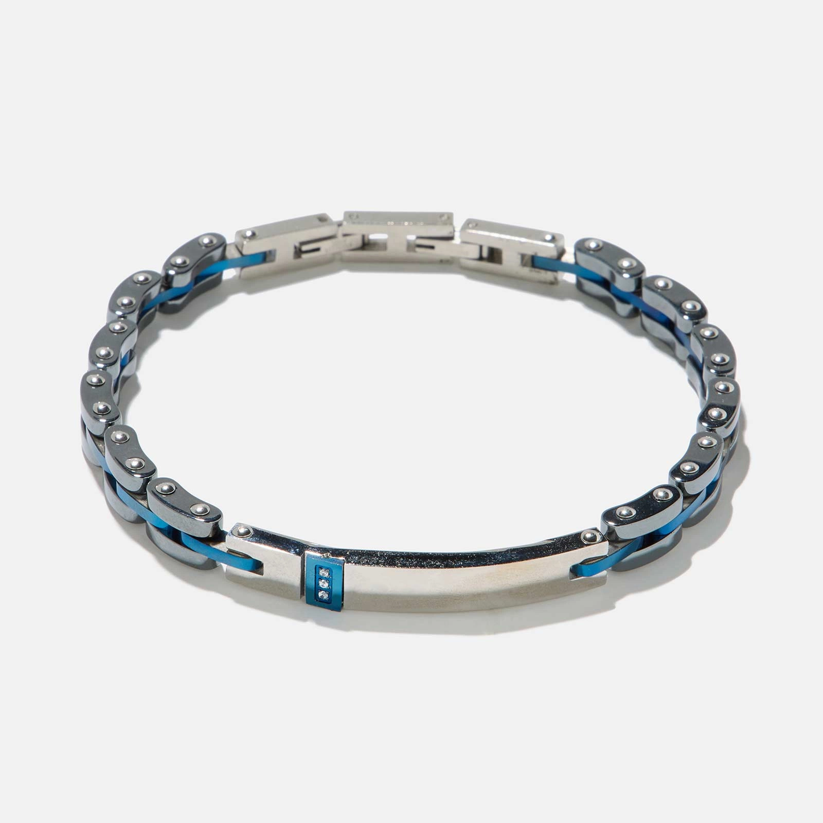 Armband herr - blå stållänkar, bricka, 21,5cm Armband herr - blå stållänkar, bricka, 21,5cm