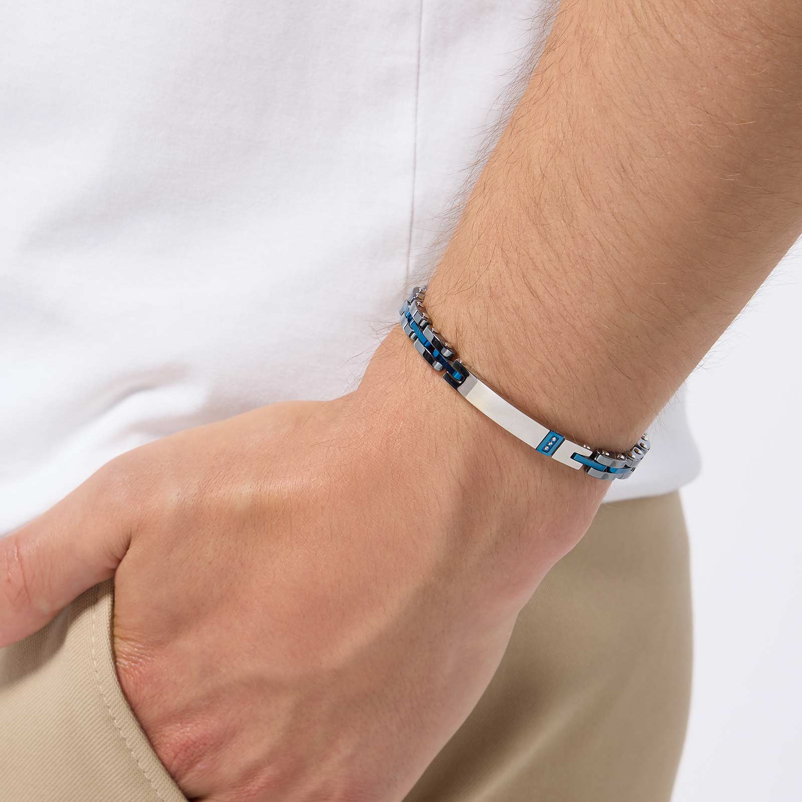 Armband herr - blå stållänkar, bricka, 21,5cm Armband herr - blå stållänkar, bricka, 21,5cm