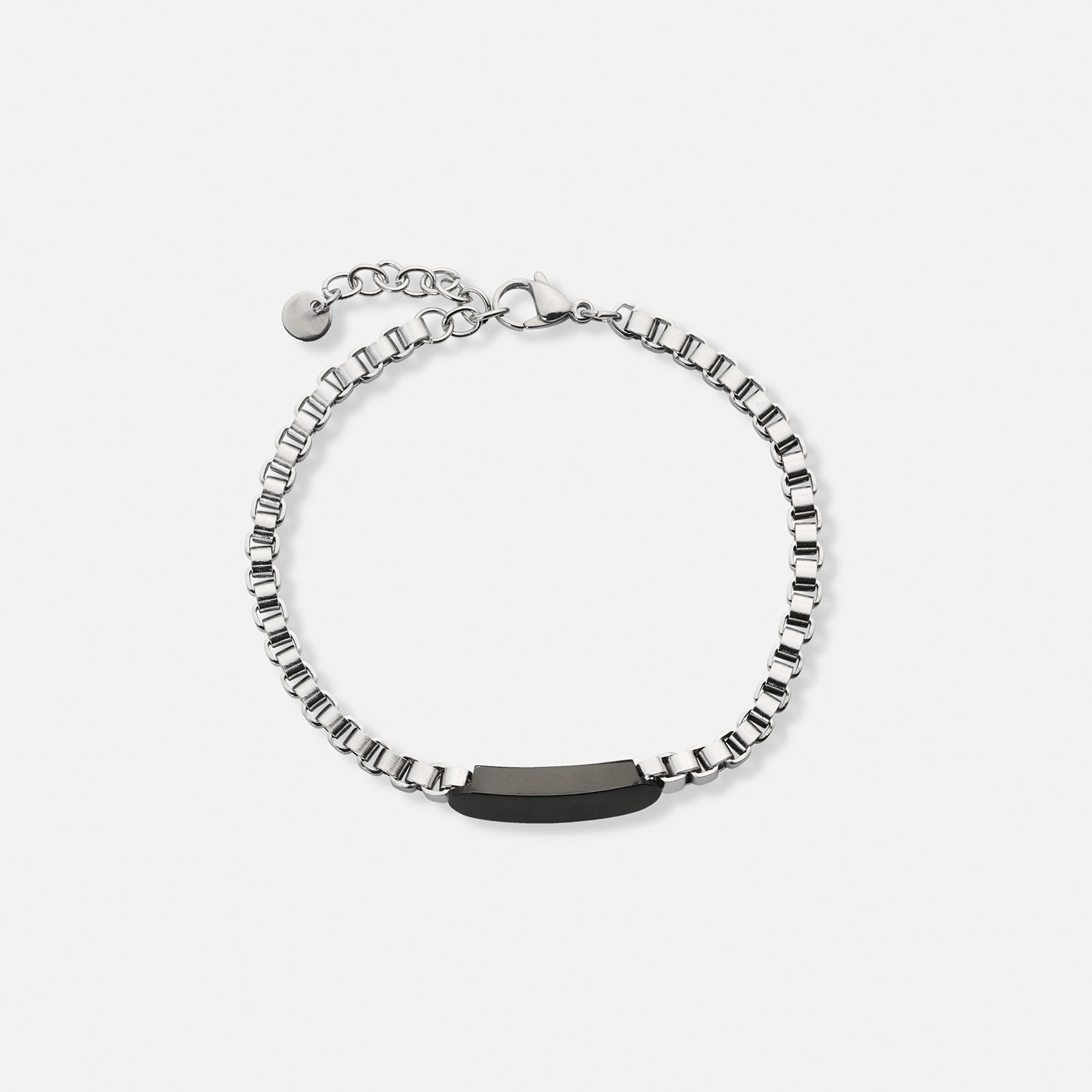 Stålarmband herr, box chain med svart bricka - 19+3 cm Stålarmband herr, box chain med svart bricka - 19+3 cm